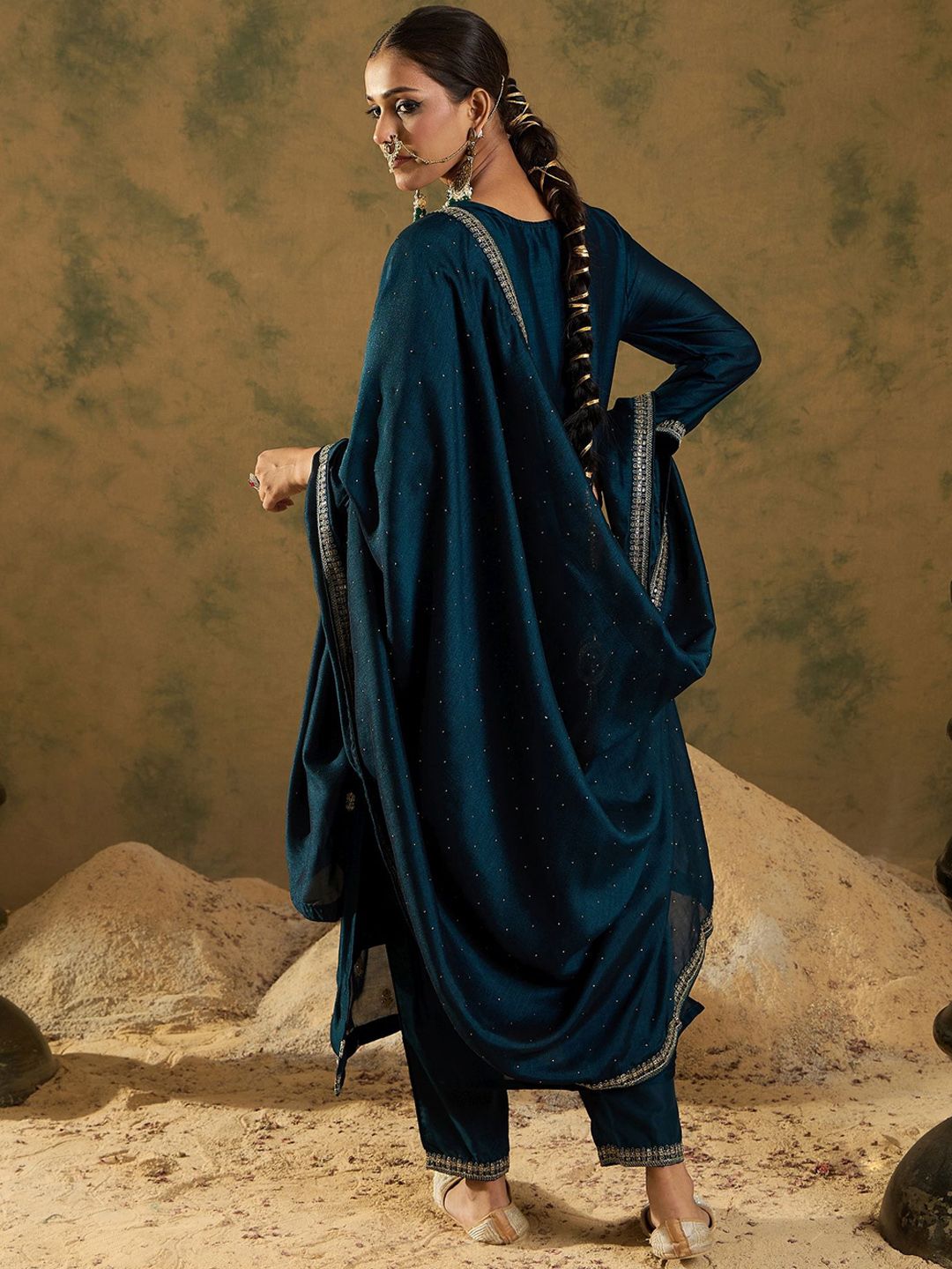 Women Embroidered Regular Sequinned Kurta with Trousers & With Dupatta