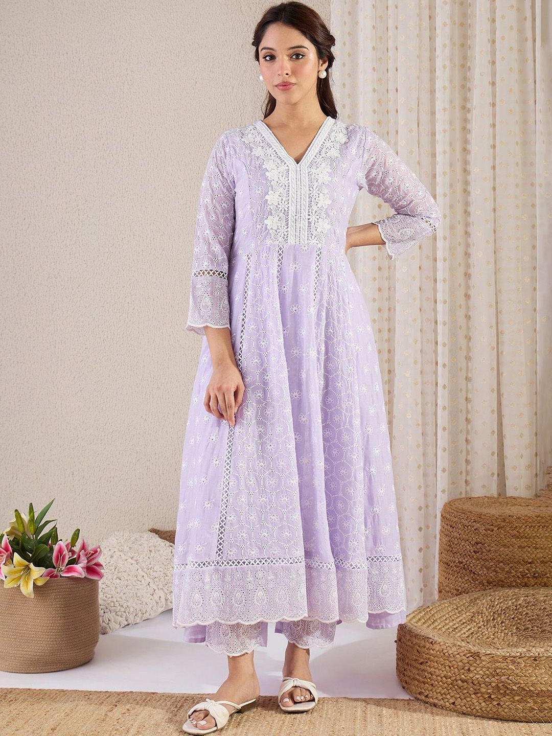 Women Floral Embroidered Cotton Kurta with Trousers & Dupatta