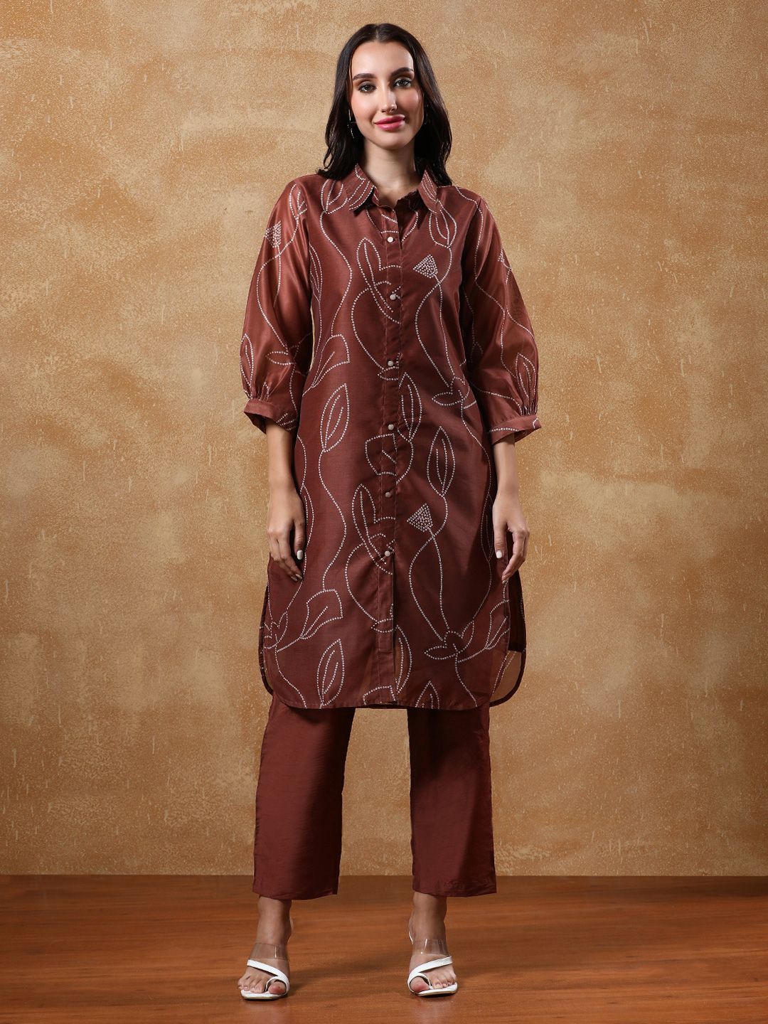 Dhiyona VA Women's Bandhani Printed Regular Chanderi Silk Kurta with Trousers