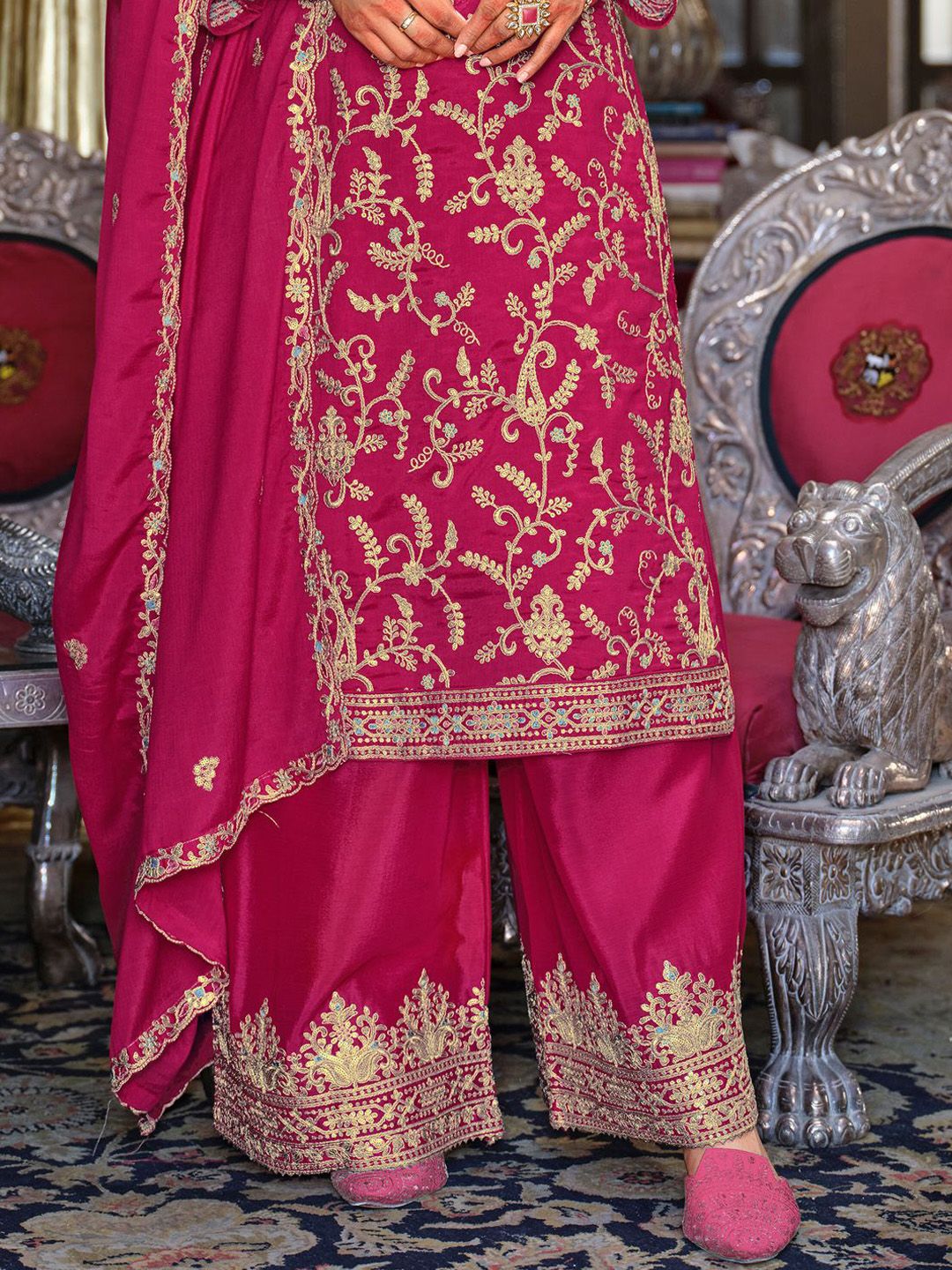 Adults-Women Woven Design Embroidered Kurta with Palazzos & Dupatta