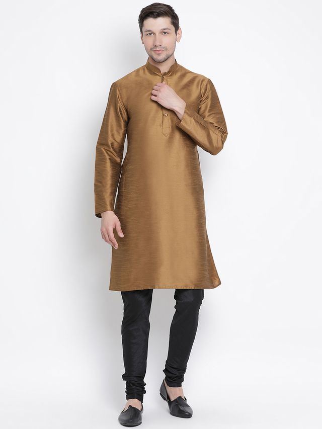 Men's Coffee Silk Blend Straight Kurta Pyjama Set