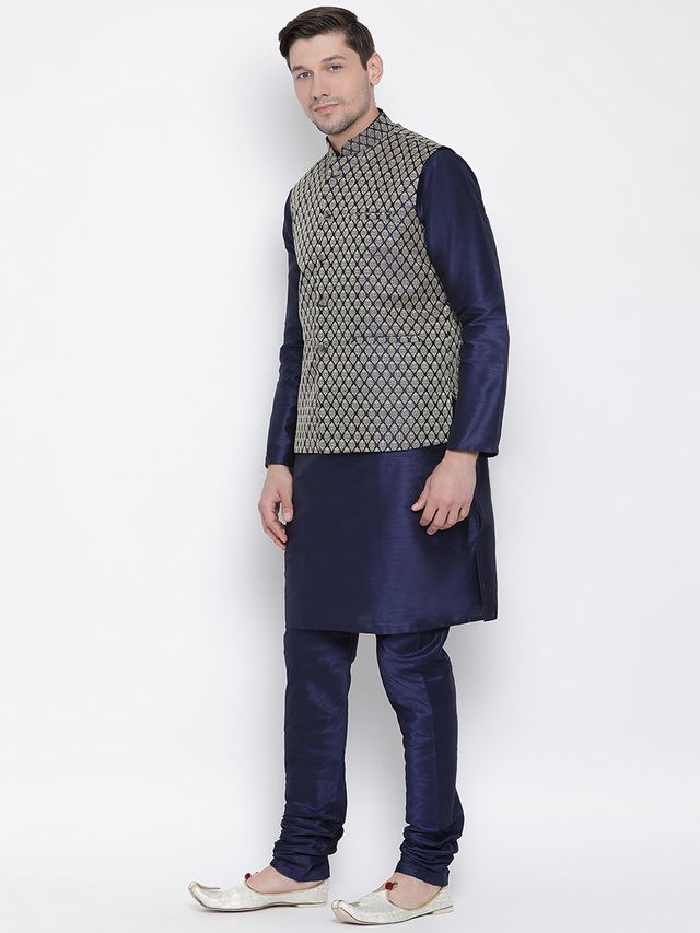 Men's Dark Blue Silk Blend Straight Jacket  Kurta and Pyjama Set