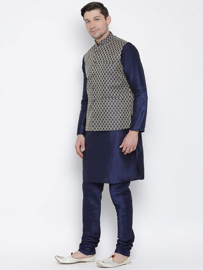 Men's Dark Blue Silk Blend Straight Jacket  Kurta and Pyjama Set