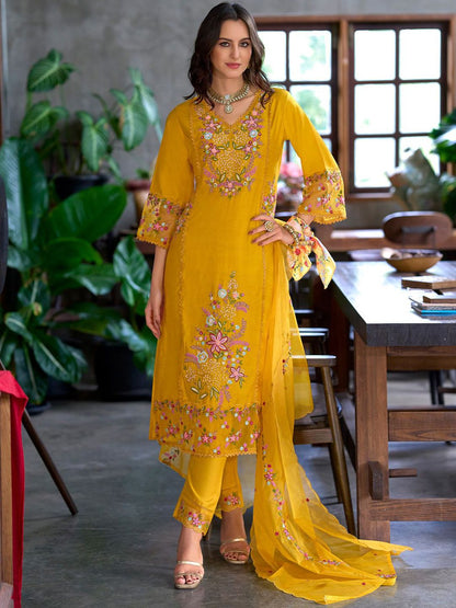 Women Floral Embroidered Panelled Sequinned Kurta with Trousers & With Dupatta