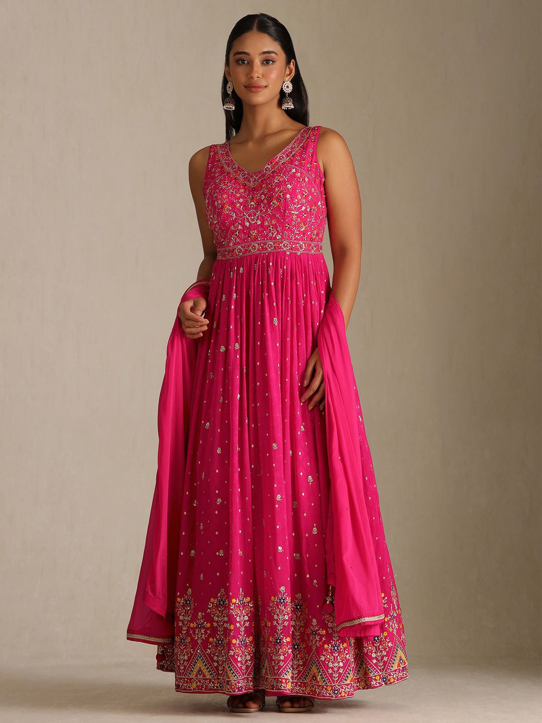 Dhiyona SO Women's Floral Embroidered V-Neck Sequinned Anarkali Kurta With Leggings & Dupatta