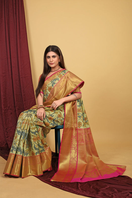 Dhiyona GR Women's Pista Green Kalamkari Silk Saree