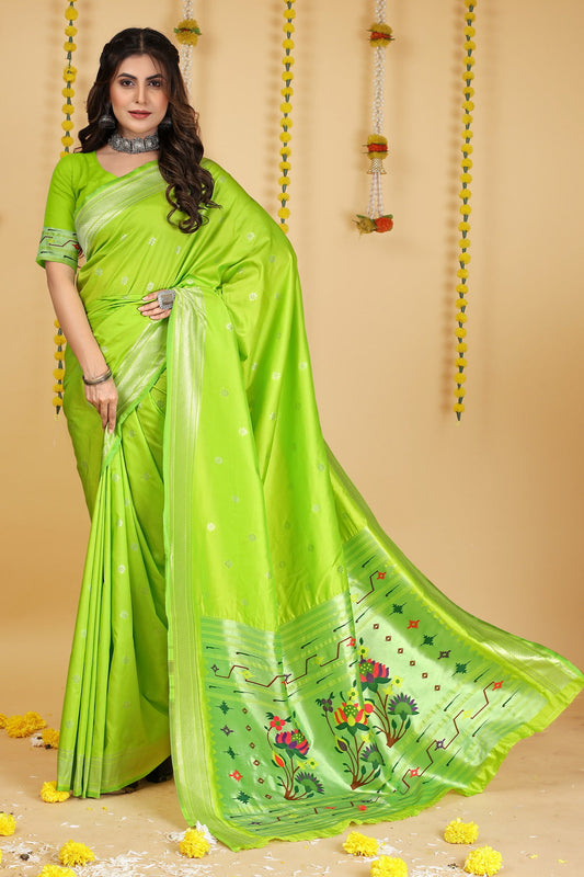 Dhiyona GR Women's Mastani Parrot Green Zari Paithani Silk Saree