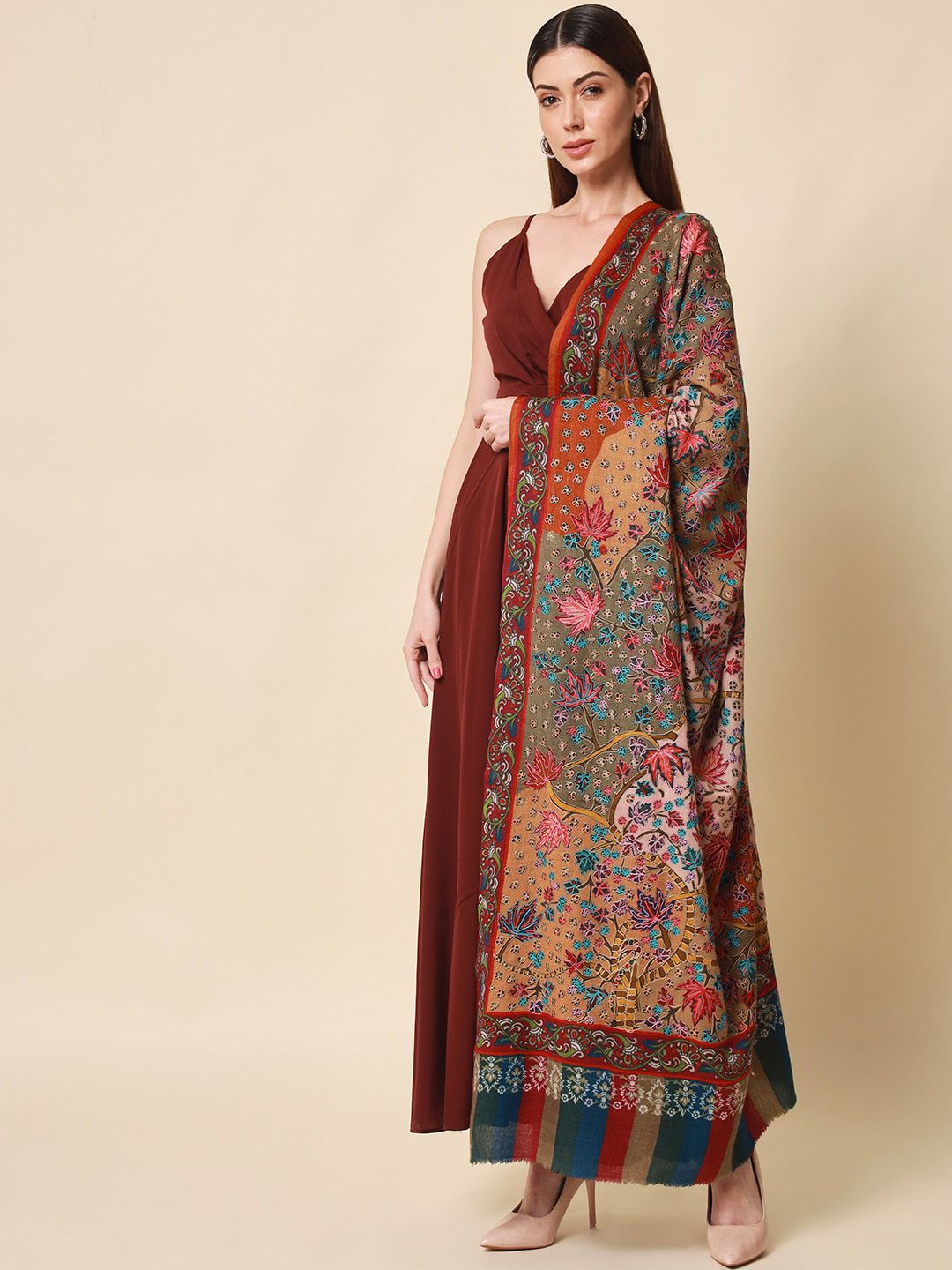 Dhiyona PA Women Beige Embroidered Pure Wool Shawl