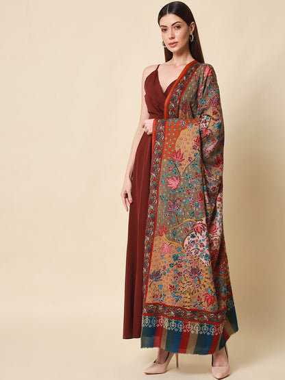 Dhiyona PA Women Beige Embroidered Pure Wool Shawl