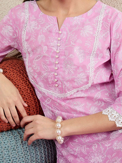 Dhiyona IE Women Floral Printed Cotton Kurta with Trousers