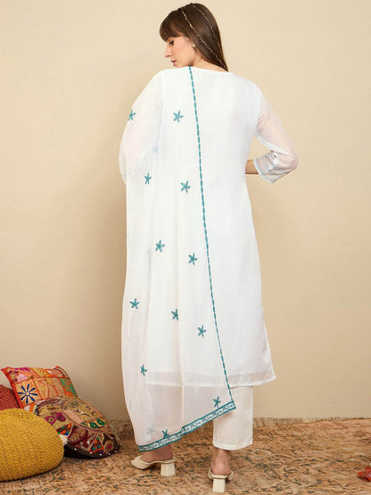 Dhiyona IE Floral Embroidered Thread Work Organza Straight Kurta With Trousers & Dupatta
