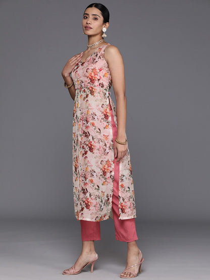 Dhiyona VA Women'sFloral Printed High Slit Kurta with Trousers