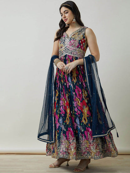 Dhiyona SO Women's Chinon Blend Botanical Print Gown With Sequins