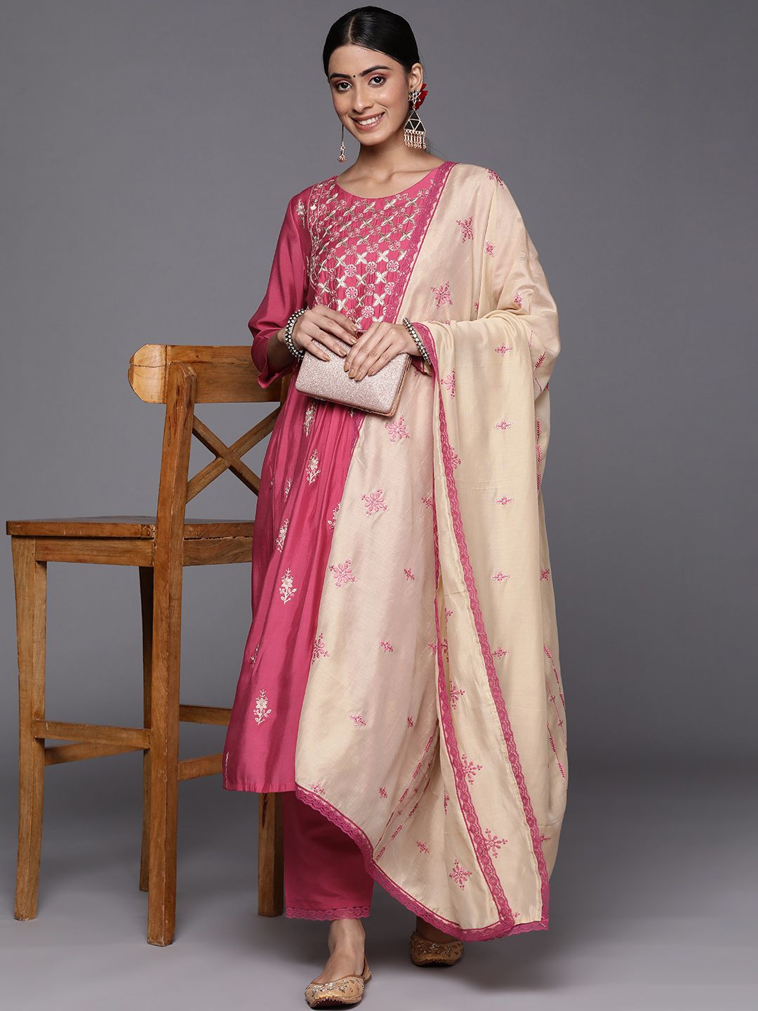 Dhiyona VA Women's Pink Ethnic Motifs Embroidered Thread Work Kurta with Trousers & With Dupatta