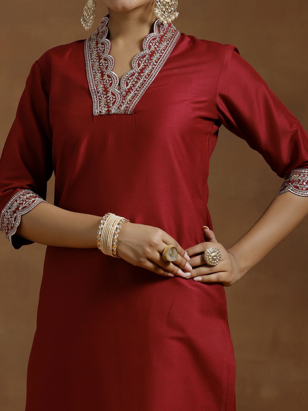 Dhiyona LB Women's Floral Yoke Design V-Neck Silk Thread Work A-Line Kurta
