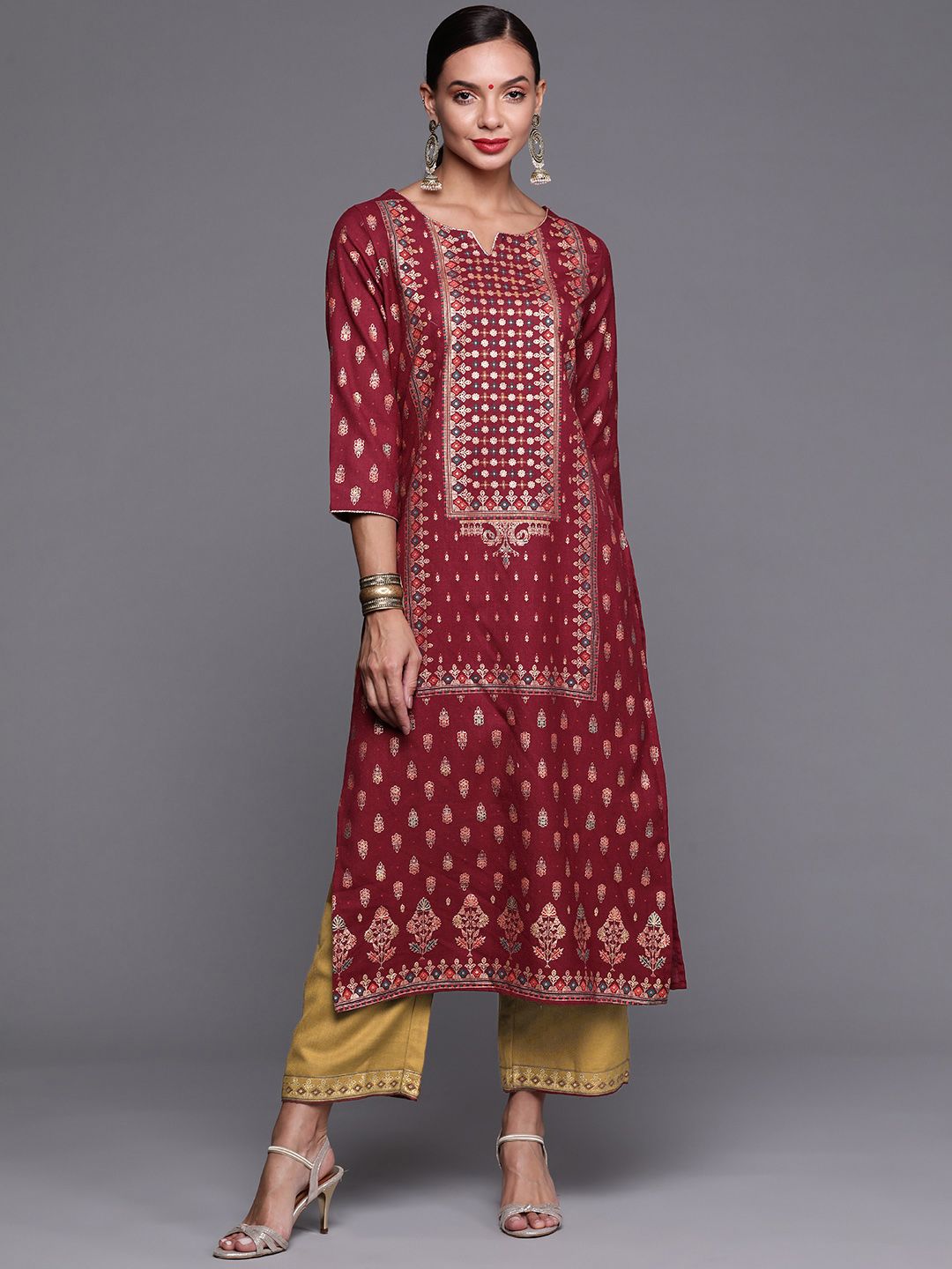 Dhiyona IE Women Maroon Ethnic Motifs Printed Kurta with Palazzos