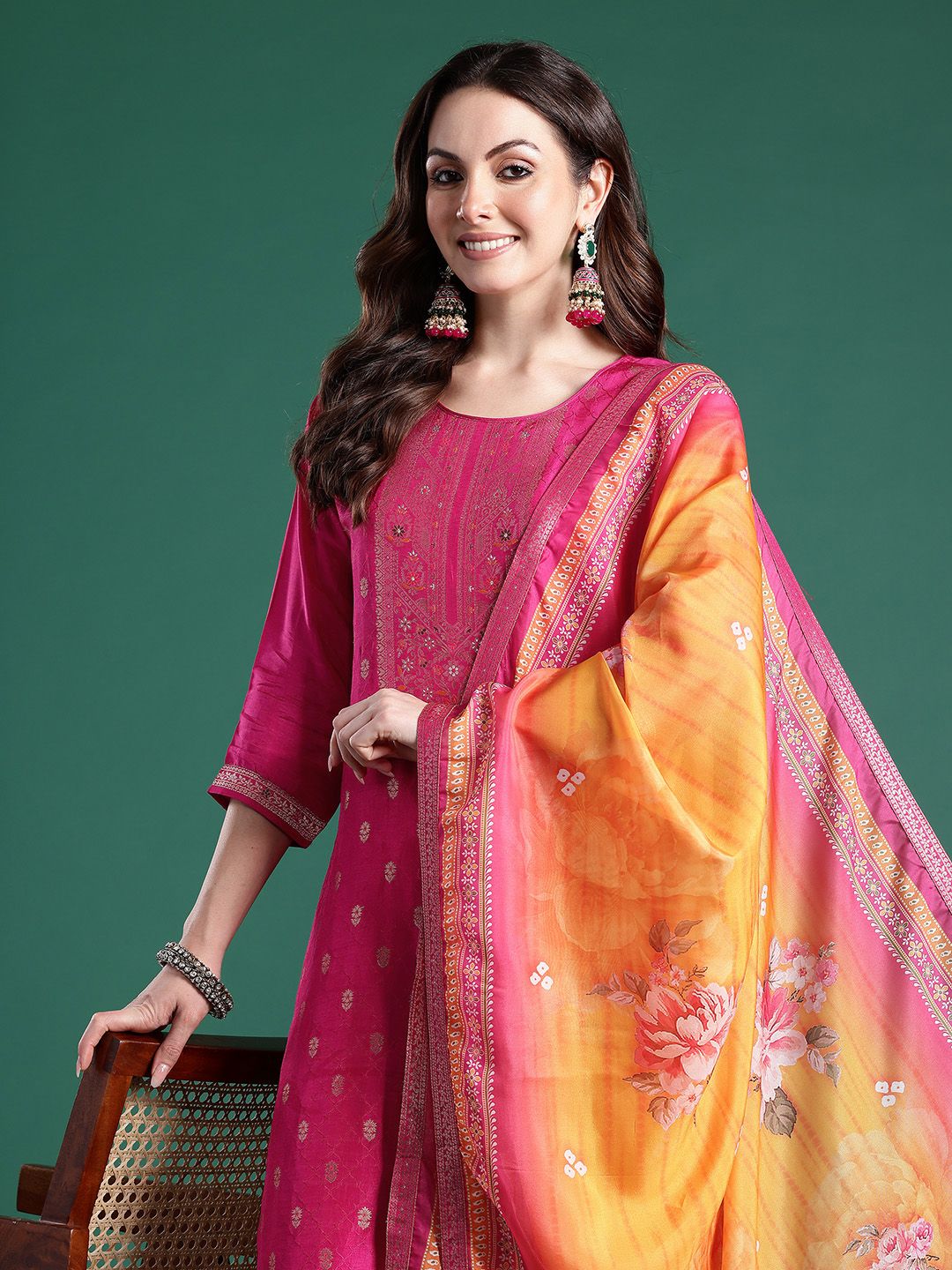 Dhiyona IE Women Ethnic Motifs Woven Design Kurta with Trousers & With Dupatta