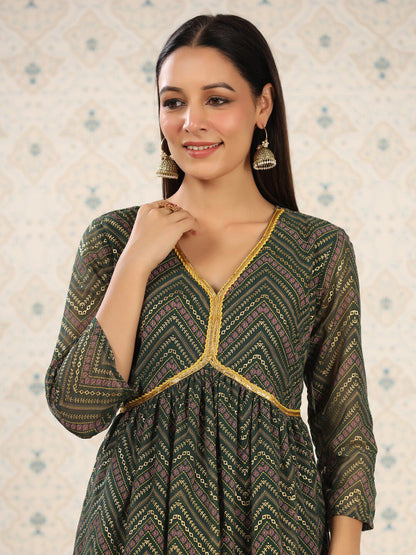 Dhiyona OD  Ethnic Motifs Printed V-Neck Thread Work Empire Anarkali Kurta