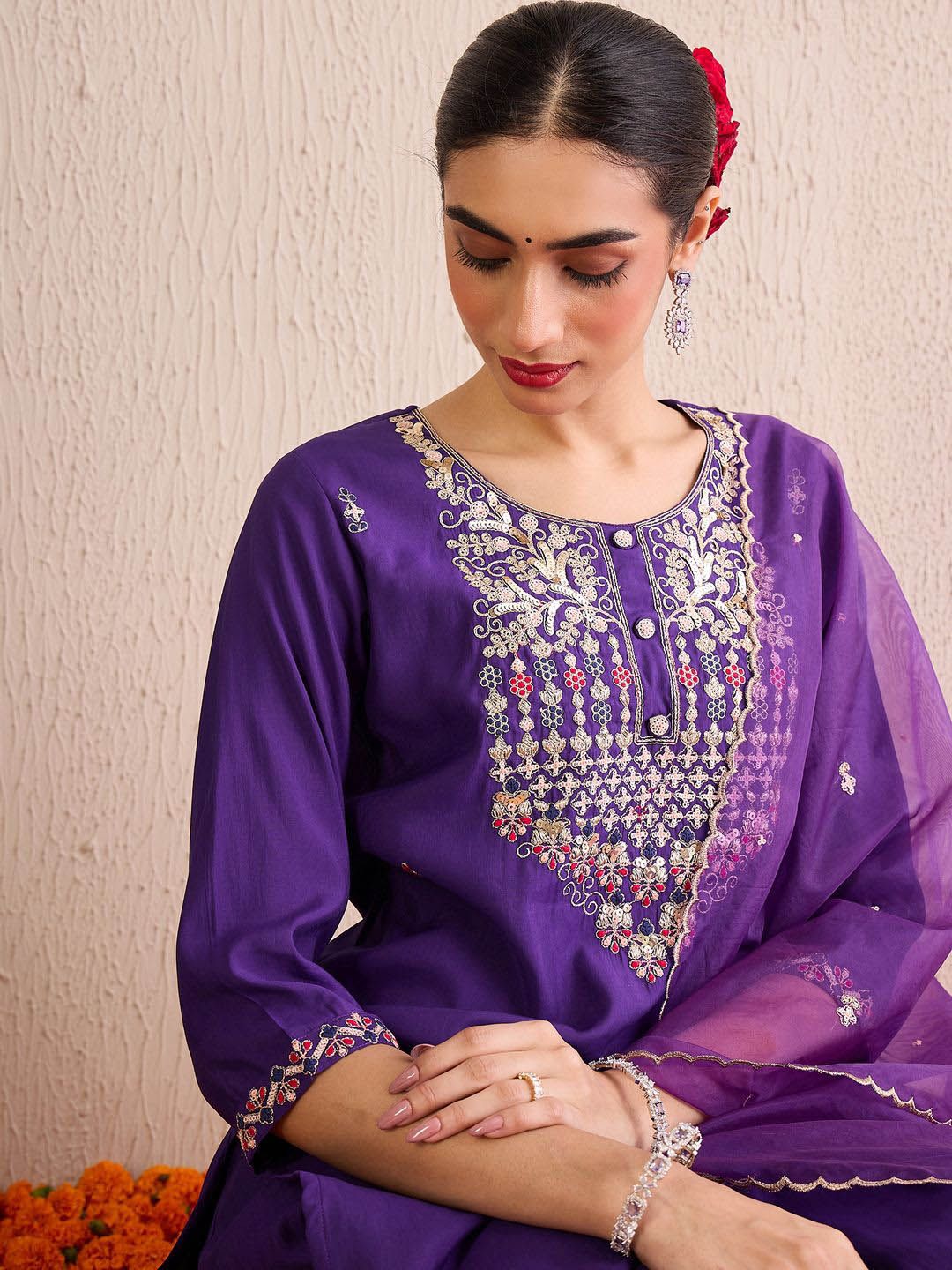 Women Ethnic Motifs Embroidered Regular Sequinned Kurta with Trousers & With Dupatta