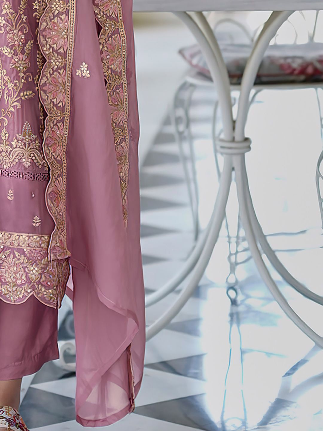 Ethnic Motifs Embroidered V Neck Straight Kurta With Trousers & Dupatta