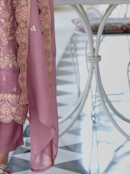 Ethnic Motifs Embroidered V Neck Straight Kurta With Trousers & Dupatta