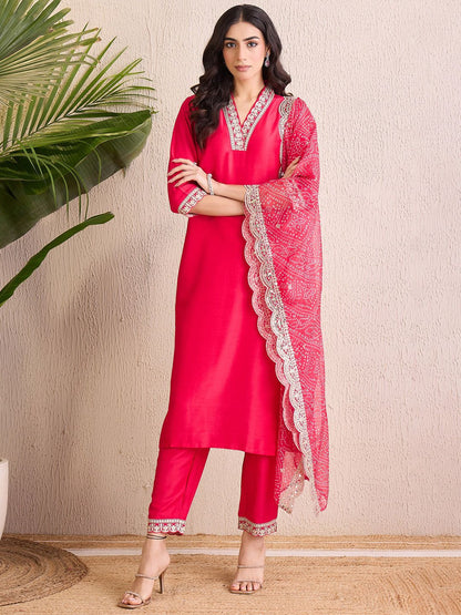 Dhiyona IE Women Ethnic Motifs Embroidered Regular Kurta with Trousers & With Dupatta
