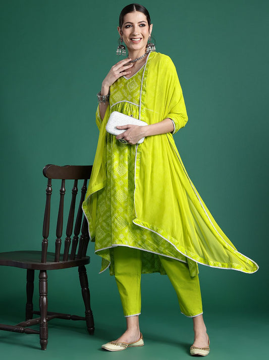 Dhiyona IE Women Bandhani Printed Empire Thread Work Pure Cotton Kurta with Trousers & With Dupatta
