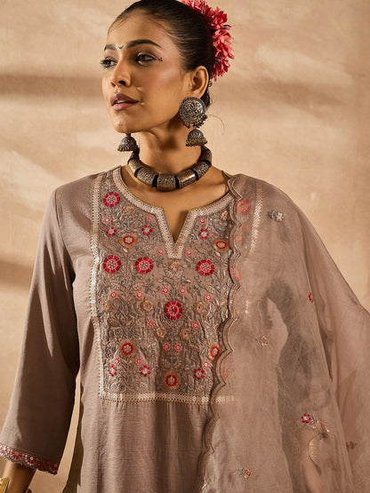 Dhiyona IE Women Ethnic Motifs Embroidered Regular Thread Work Kurta with Trousers & With Dupatta