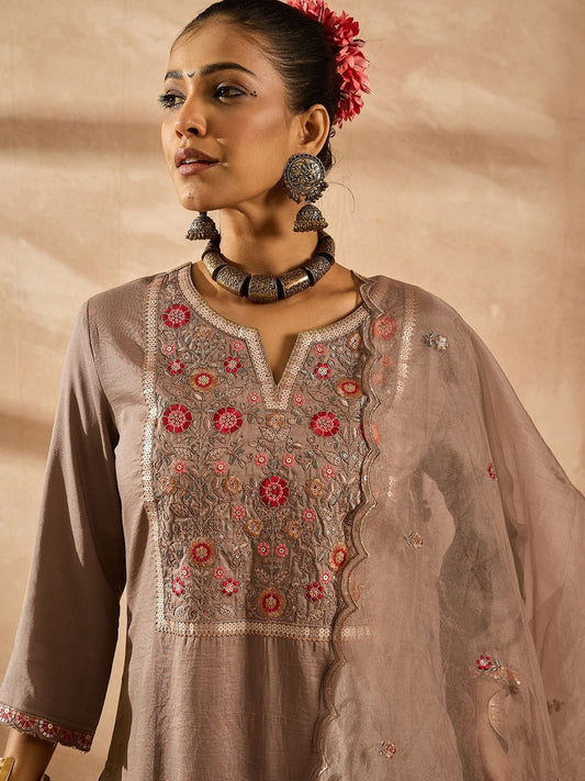Dhiyona IE Women Ethnic Motifs Embroidered Regular Thread Work Kurta with Trousers & With Dupatta