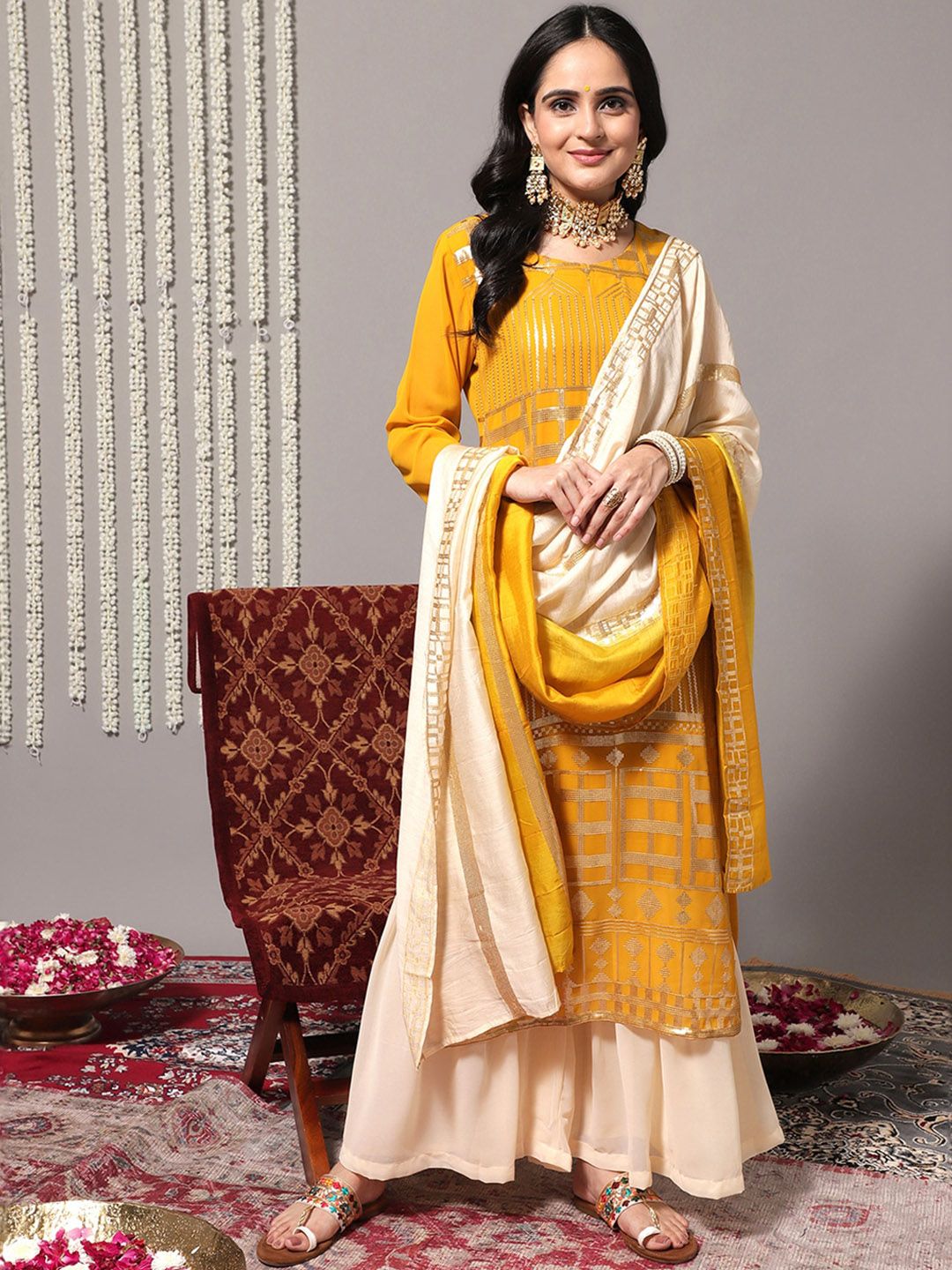 Dhiyona VA Women'sEthnic Motifs Embroidered Sequinned Detail Straight Kurta & Sharara With Dupatta