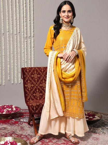 Dhiyona VA Women'sEthnic Motifs Embroidered Sequinned Detail Straight Kurta & Sharara With Dupatta