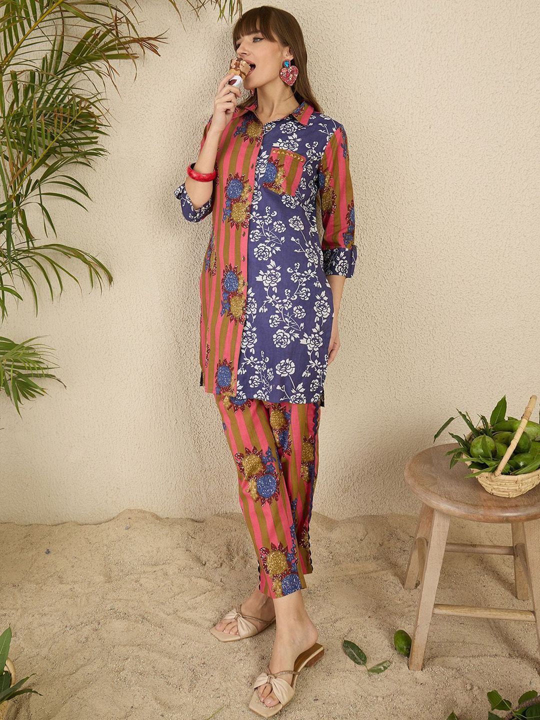 Dhiyona IE Floral Screen Printed Shirt Collar Pure Cotton Straight Kurta With Trousers