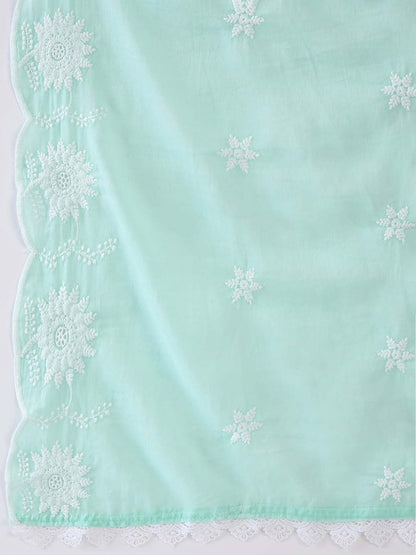 Dhiyona IE Floral Embroidered Pure Cotton Straight Kurta With Trousers & Dupatta