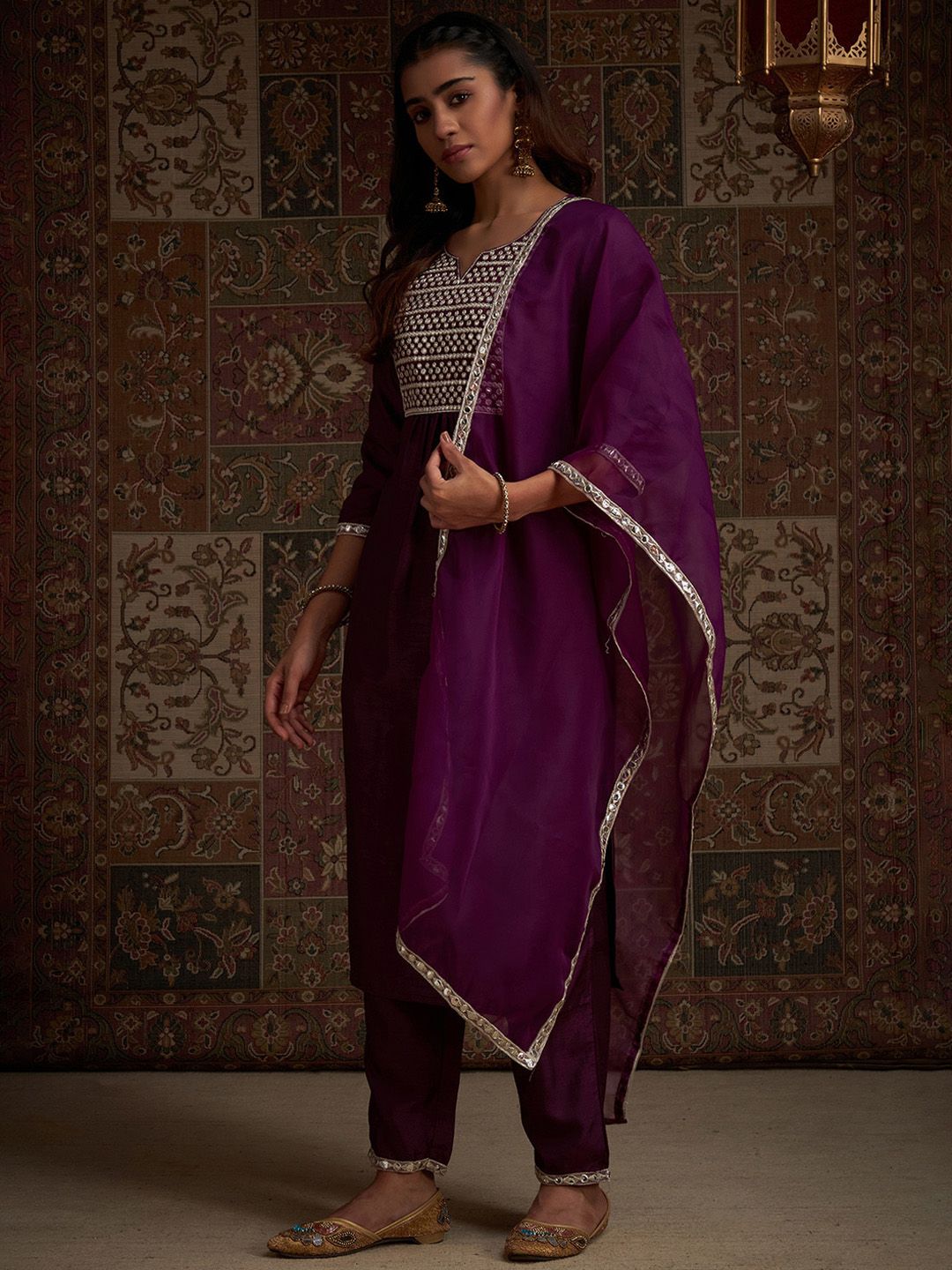Yoke Design Embroidered Regular Kurta With Trousers & With Dupatta
