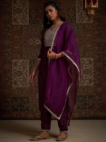 Yoke Design Embroidered Regular Kurta With Trousers & With Dupatta