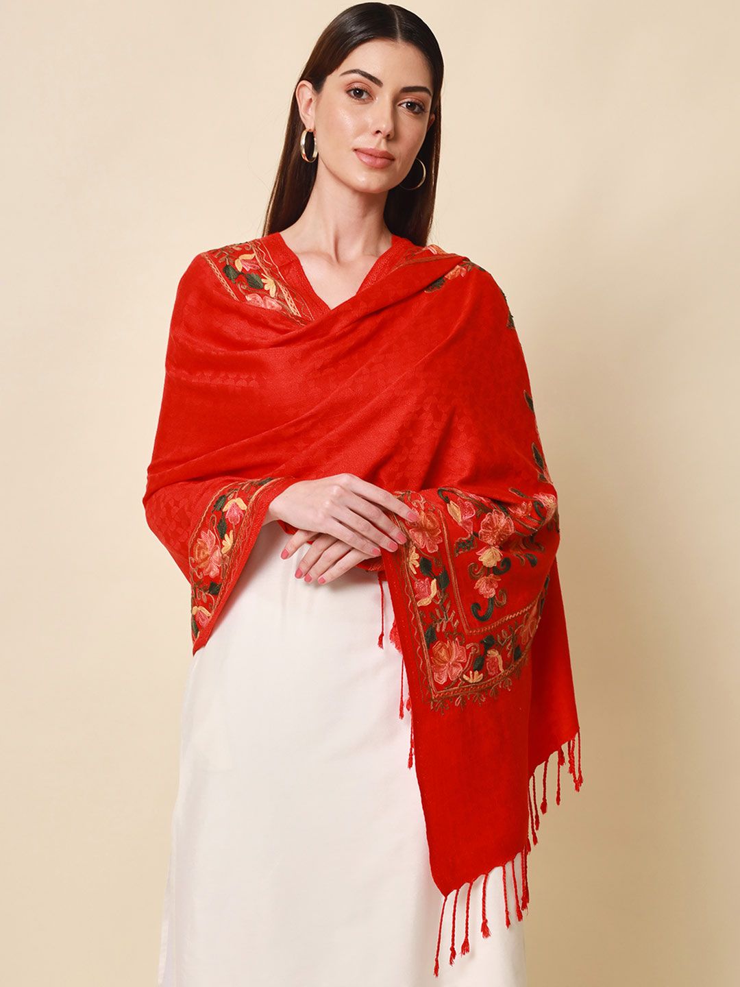 Dhiyona PA Women Red Embroidered Shawl