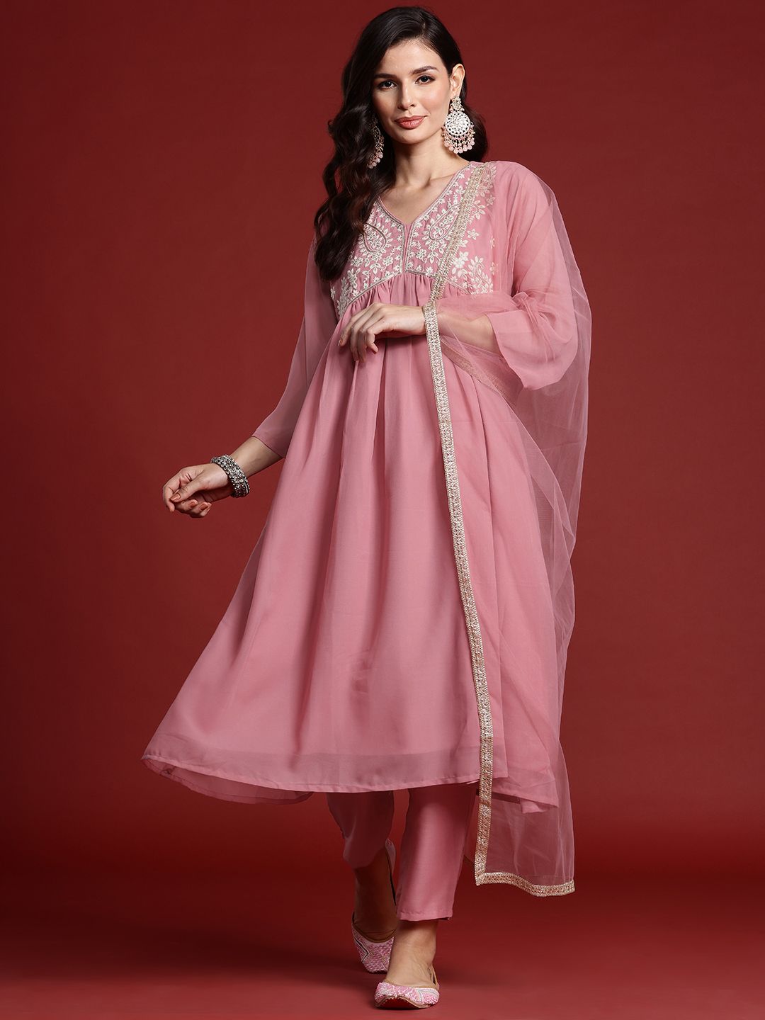 Floral Sequin Embroidered Empire Kurta with Trousers & Dupatta