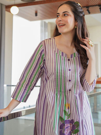 Floral Printed Notch Neck A Line Pure Cotton Kurta With Trousers