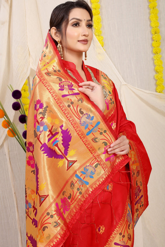 Dhiyona GR Women's Lotus Red Zari Paithani Silk Saree