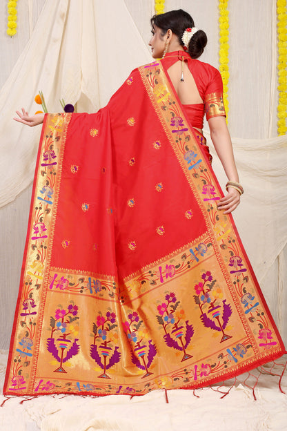 Dhiyona GR Women's Lotus Red Zari Paithani Silk Saree