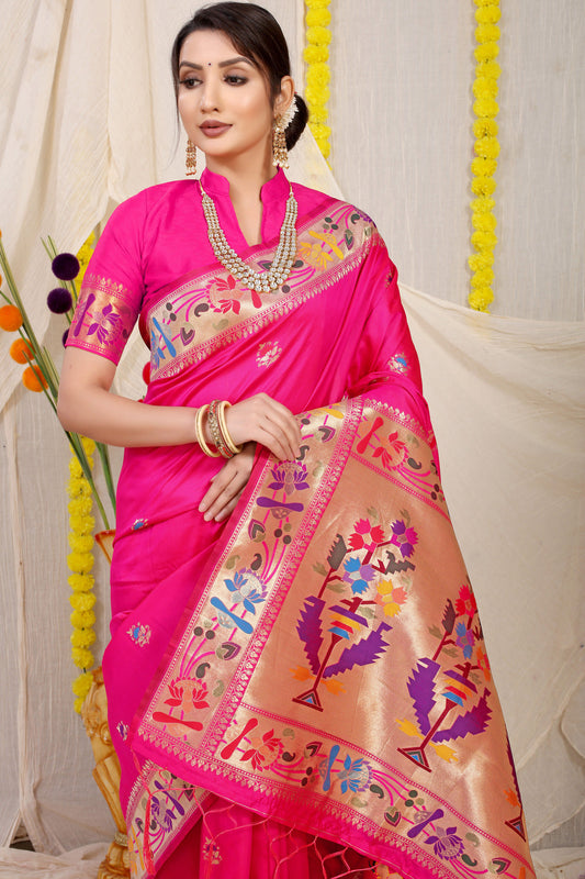 Dhiyona GR Women's Lotus Rani Pink Zari Paithani Silk Saree