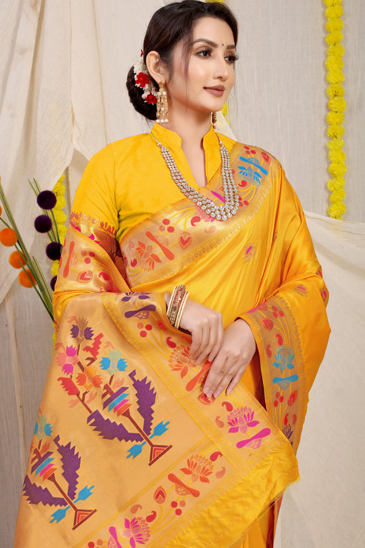 Dhiyona GR Women's Lotus Yellow Zari Paithani Silk Saree