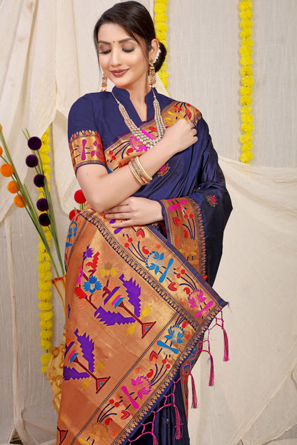 Dhiyona GR Women's Lotus Navy Zari Paithani Silk Saree