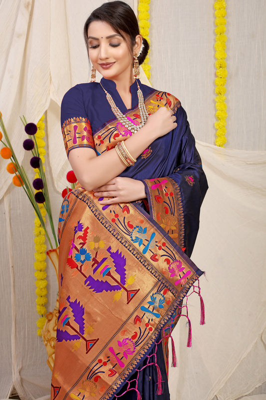 Dhiyona GR Women's Lotus Navy Zari Paithani Silk Saree