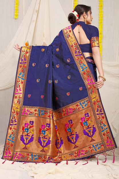 Dhiyona GR Women's Lotus Navy Zari Paithani Silk Saree