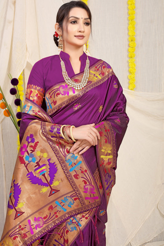 Dhiyona GR Women's Lotus Wine Zari Paithani Silk Saree