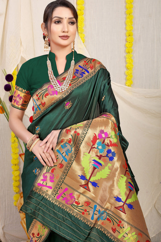 Dhiyona GR Women's Lotus Dark Green Zari Paithani Silk Saree