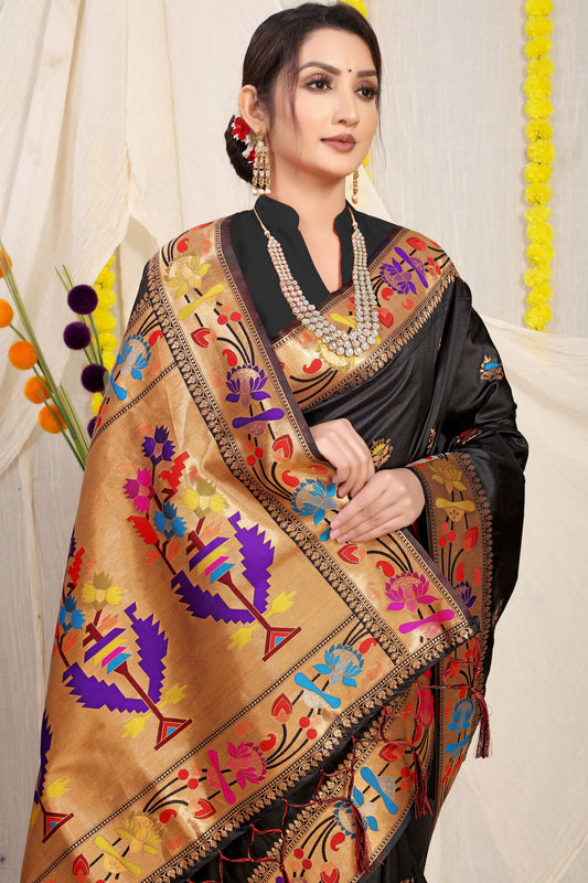 Dhiyona GR Women's Lotus Black Zari Paithani Silk Saree