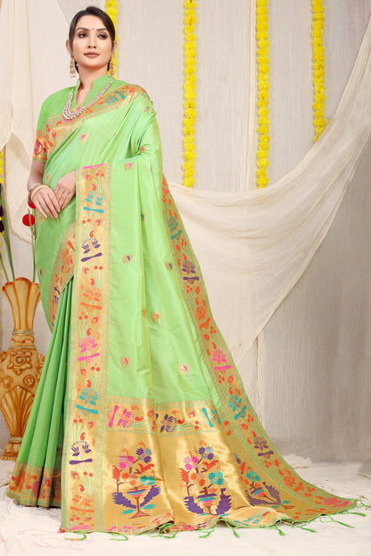 Dhiyona GR Women's Lotus Pista Green Zari Paithani Silk Saree