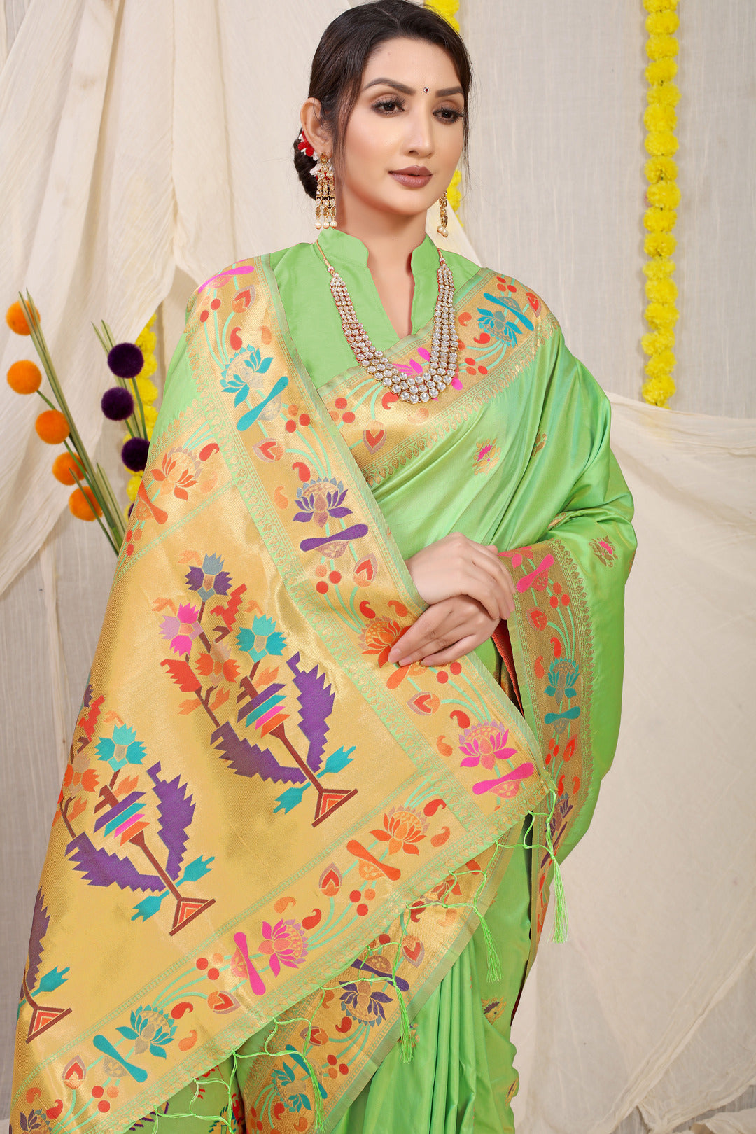 Dhiyona GR Women's Lotus Pista Green Zari Paithani Silk Saree